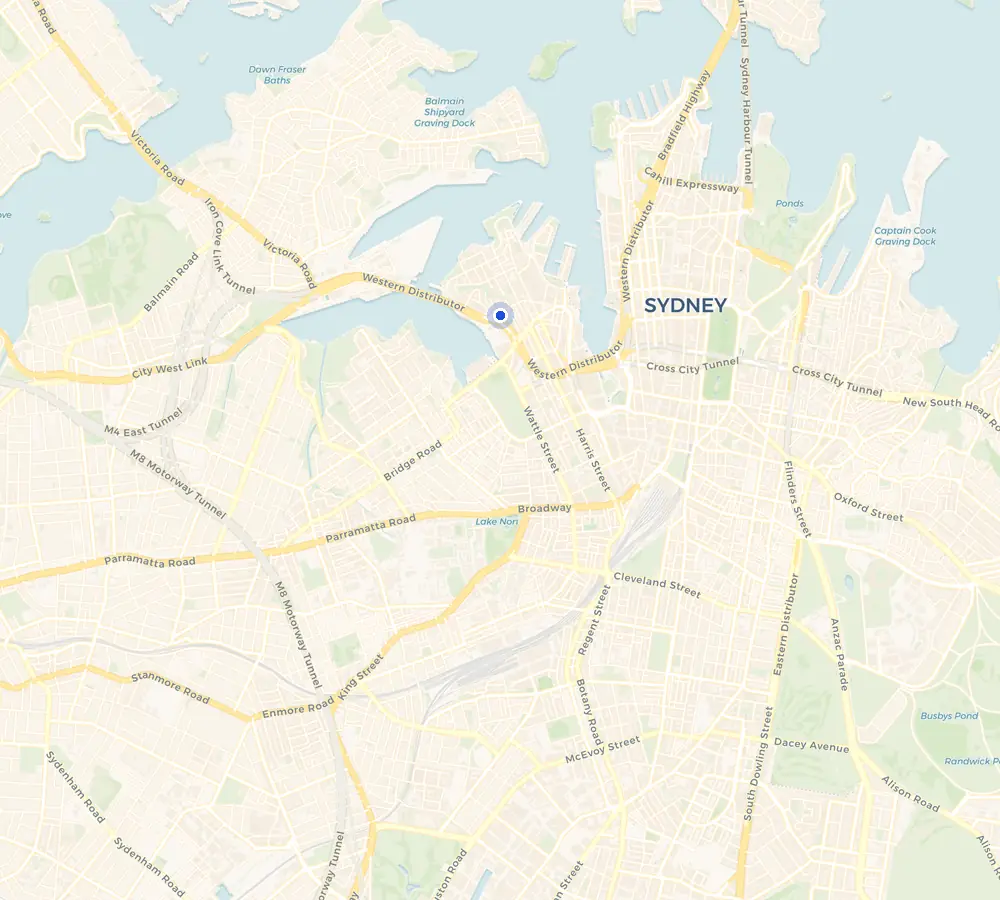Map of the Pyrmont service area and the surrounding inner city, showing Pyrmont and the nearby streets we cover.